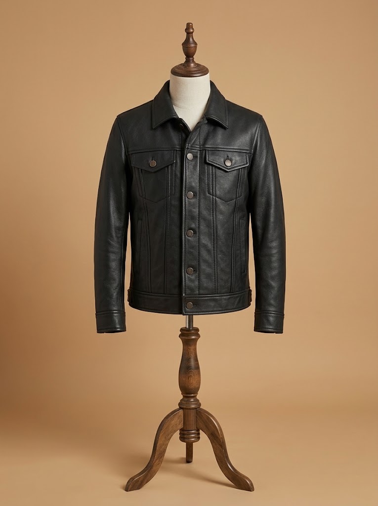Premium Men's Genuine Pebbled Black Leather Trucker Jacket