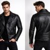Men's Biker Cafe Racer Brando Slim Fit Retro Motorcycle Black Leather Jacket