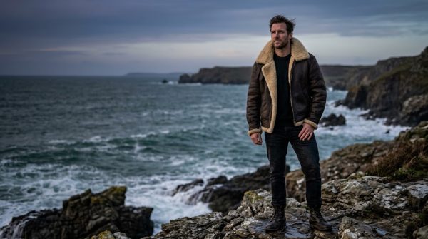 Man wearing the Arthur Curry jacket style, a brown aviator shearling bomber, on a rocky coast at dusk