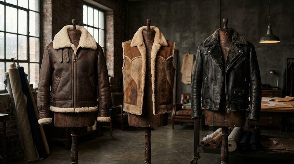 Three celebrity inspired shearling and leather jackets on mannequins: an aviator bomber, a western vest and a biker jacket