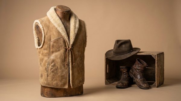 Clint Eastwood sheepskin vest in tan sheepskin with a wool collar on a wooden mannequin next to a brown hat and boots