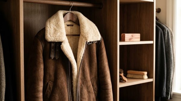 Brown shearling aviator jacket hanging on a wooden hanger in a wardrobe, showing how to care for a shearling jacket