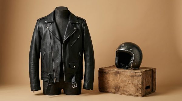 Black Marlon Brando leather jacket style biker jacket on a mannequin beside a vintage helmet