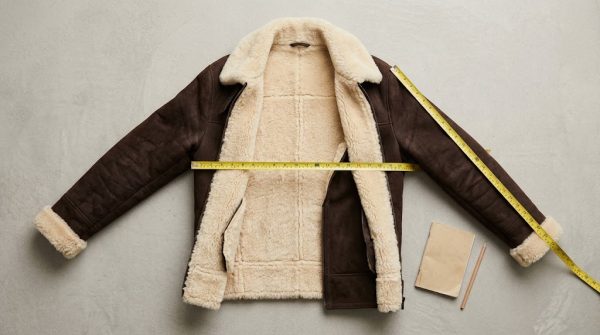 Dark brown shearling jacket laid flat with a measuring tape across the chest and sleeve for a shearling jacket size guide