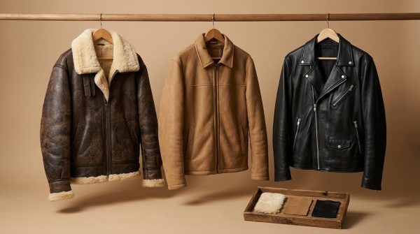 Shearling vs sheepskin vs lambskin shown as three jackets with material samples on a wooden tray